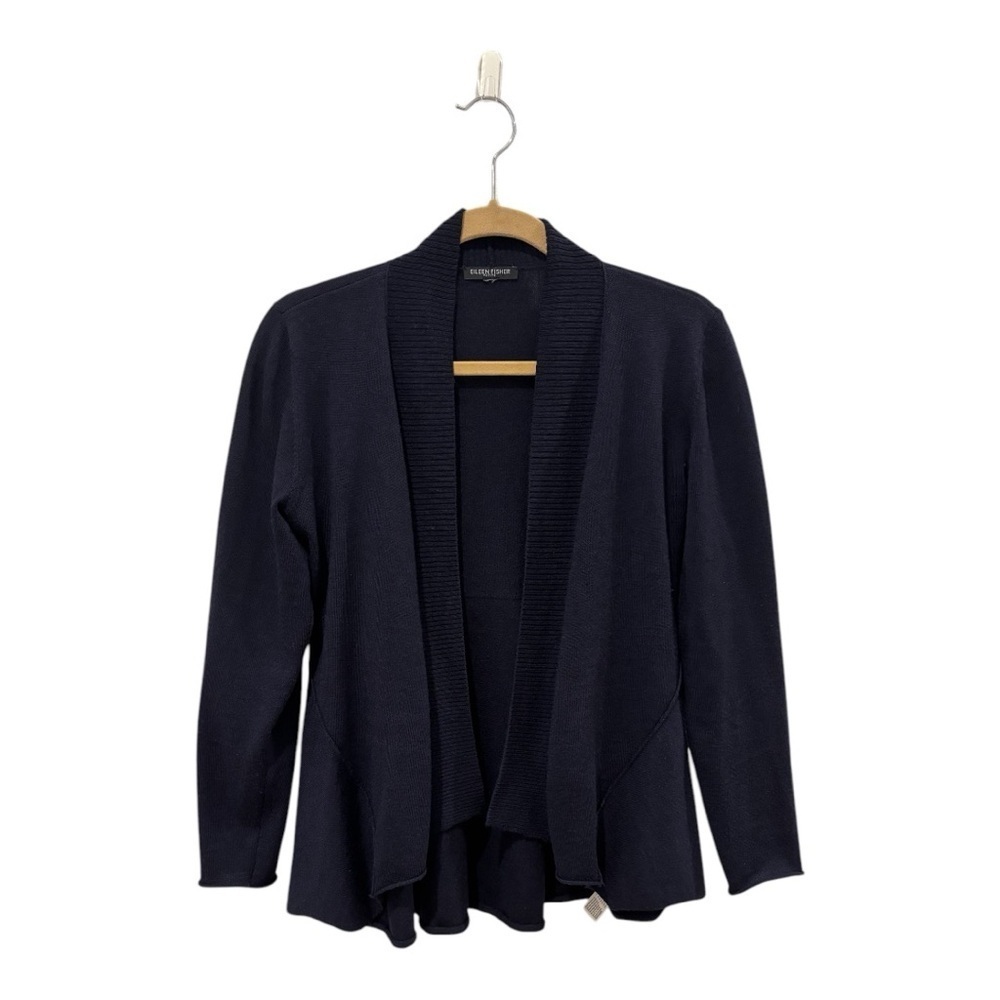 Eileen Fisher 100% Merino Wool Draped Open Front Knit Cardigan Sweater Dark Blue